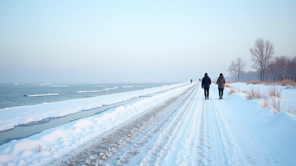 Rannapromenad talvevaates, jää, lumi, inimesed karvalaagis